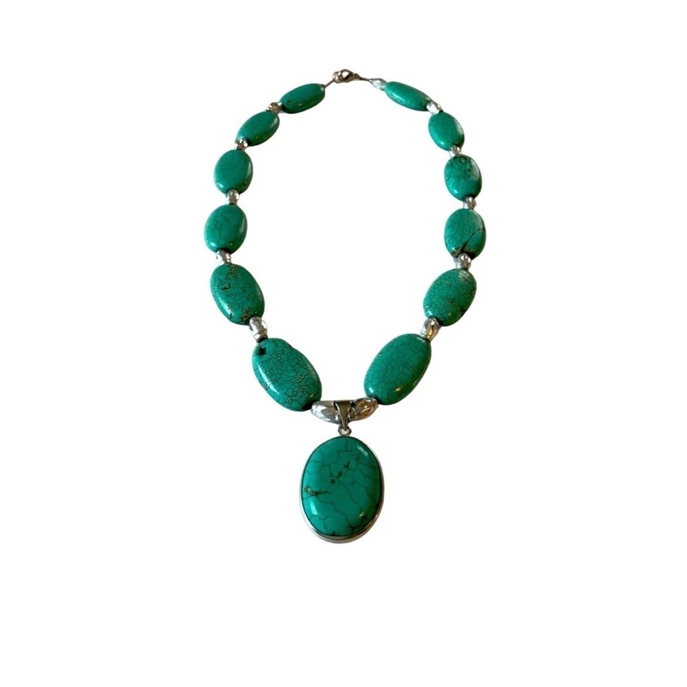Southwestern Faux Turquoise Necklace Silver Tone Green Stone